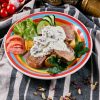 Язык говяжий на гриле  с картофелем и соусом из белых грибов